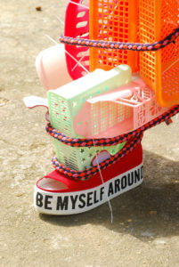 I can always be myself around you 1 - 2015 - shoe, textile, plastic utensils, tie-wraps -36x170x20cm