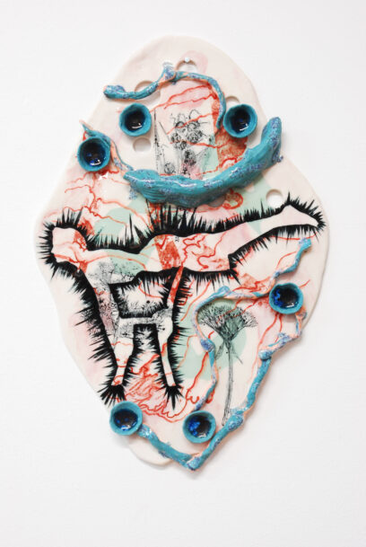 During the Covid period I exercised every day in the garden on a chair said Sally and see how thin my waist is -2021- porcelain, pigments, glaze, underglaze, transfers – 42x30x3cm