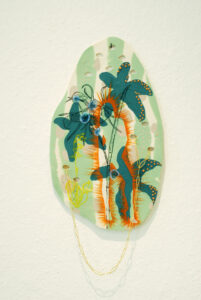 Do you like my bathing suit “ Melany asks - 2022-Porcelain, pigments, glaze, metal chain
